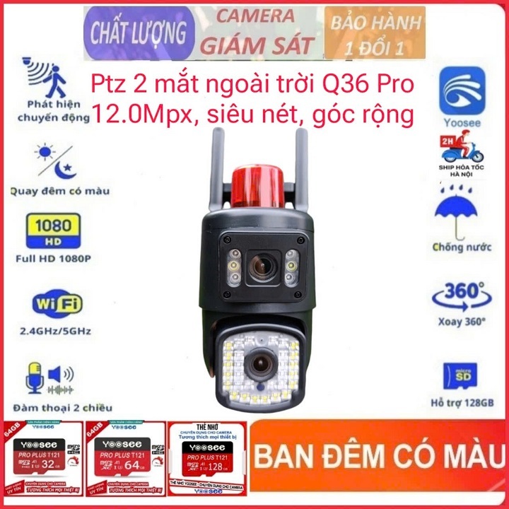 Camera yoosee Ptz 2 mắt Q36D Pro 12.0Mpx siêu nét, góc rộng, chịu mưa nắng, có màu ban đêm
