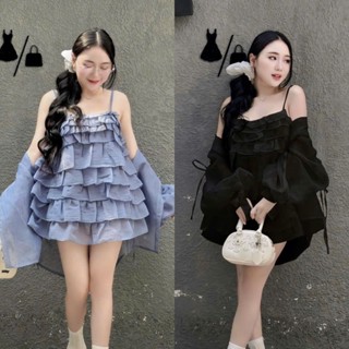 BIGSIZE HIẾU HIẾU (55-95KG) - Set váy 2 dây babydoll bèo tầng + Áo khoác ngoài tay dài dáng bồng