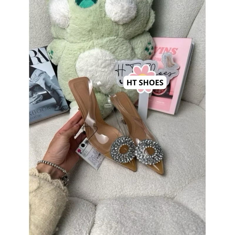 Giày sandal Z hở gót Mika mũi nhọn đính đá tròn màu nâu gót nhọn cao 8cm phong cách tiểu thư Pháp sang chảnh mới 𝟮𝟭𝟮𝟴 | BigBuy360 - bigbuy360.vn