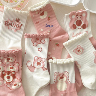  Set 10 Đôi Tất Gấu Hồng  Tất nữ cổ cao hoạ tiết hình gấu lotso dễ thương chất liệu co giãn 