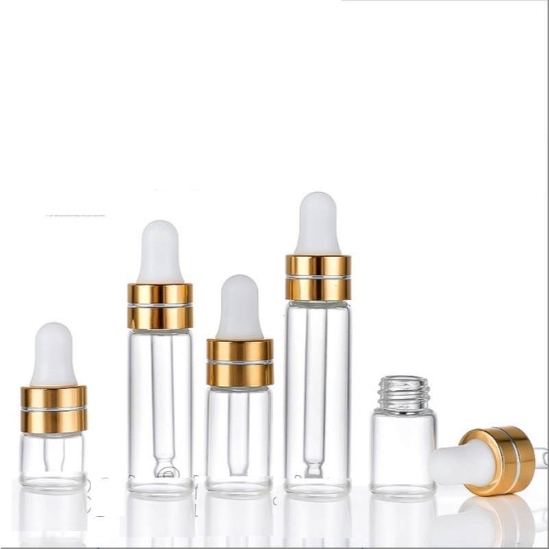 Combo 10 Chai thủy tinh MỎNG thân TRONG nắp bóp VÀNG 1ml 2ml 3ml 5ml - Lọ đựng serum, chiết tinh dầu, phụ kiện du lịch..