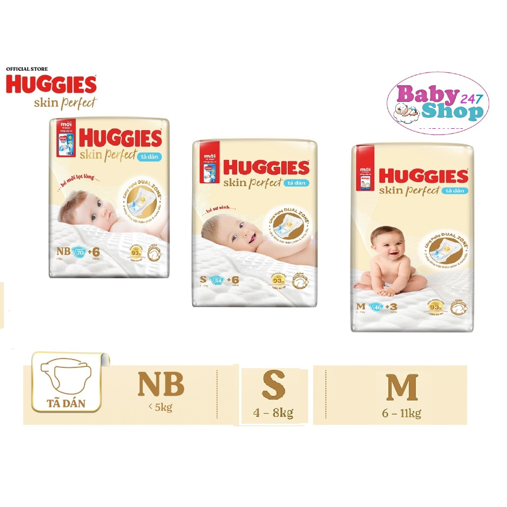 Tã Quần/Dán Sơ Sinh Huggies NB70+4/S54+6/S80+2/M46+3 Miếng Skin Perfect