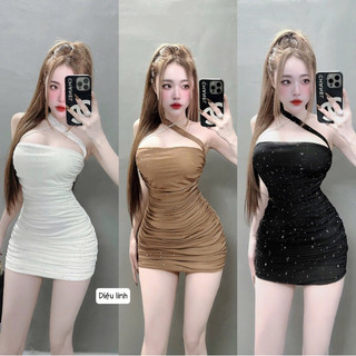 Đầm body thun lưới dây đá chéo cổ kiểu có mod ngực