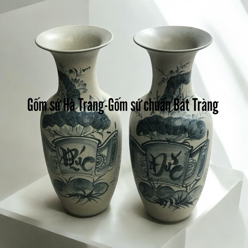 Đôi lọ lộc bình Phúc Đức cao 50cm gốm sứ Bát Tràng cao cấp  men rạn vẽ thủ công