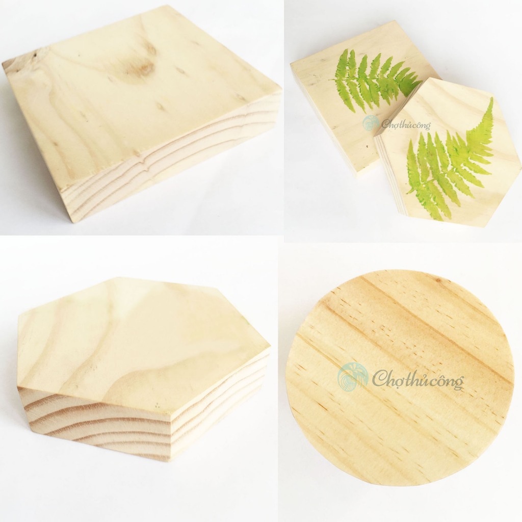 Miếng gỗ thông trơn hình vuông, hình lục giác, hình tròn dày 2cm [KT 10-20cm] dùng vẽ tranh decor, b