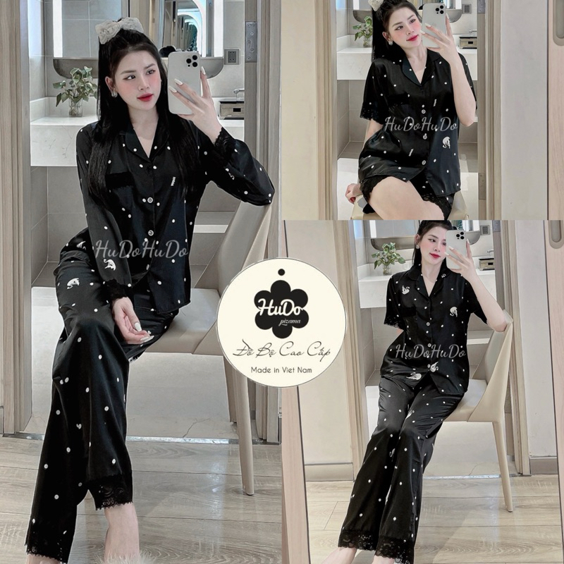 ĐỒ BỘ LỤA LATIN TƠ TẰM MỀM MƯỚT PHỐI REN MỀM PIJAMA HUDO HẠC ĐEN