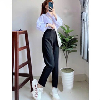  Quần tây nữ đi học lưng cao màu xanh đen ống baggy đứng suông dài - Quần vải nữ đi học sinh cạp đáy cao có đỉa dày mềm 