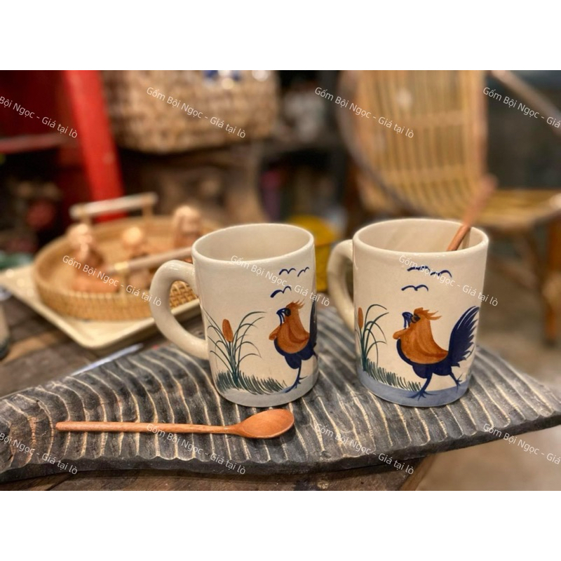 Ly Gốm Vẽ Gà Trống Xưa Có Quai Đáy Thẳng 400ml - Hàng Cao Cấp Kiểu Dáng Đẹp - Gốm Lái Thiêu Xưa Cho 