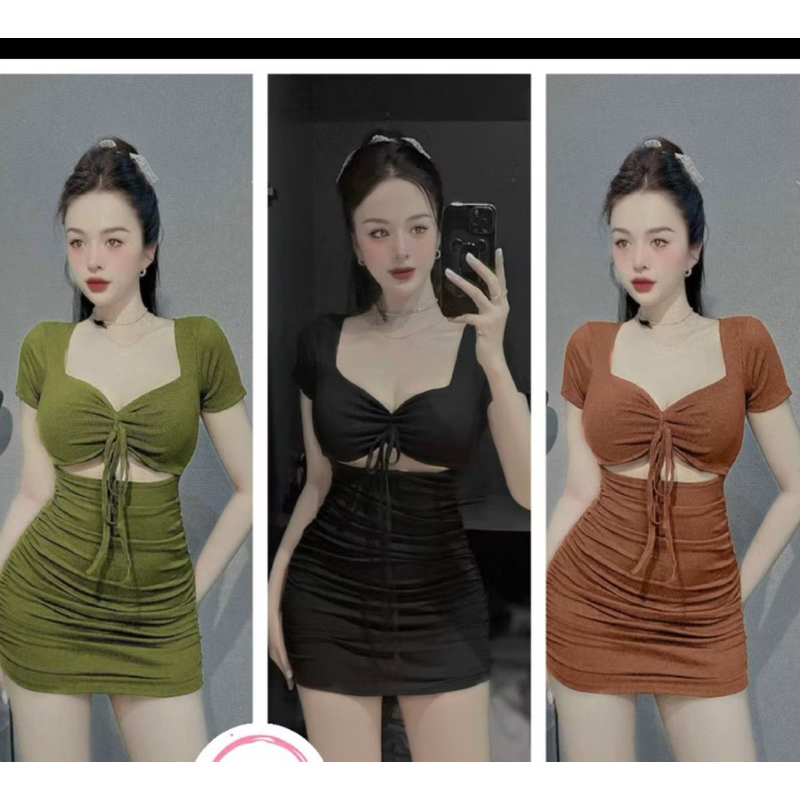 Đầm gân ôm body rút dây có mút