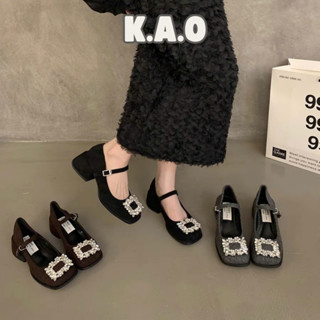 Giày Búp Bê Nữ Mary Jane Mũi Vuông Da Lộn Cao Gót Đi Tiệc Đi Chơi M6 - Tiệm Nhà KAO
