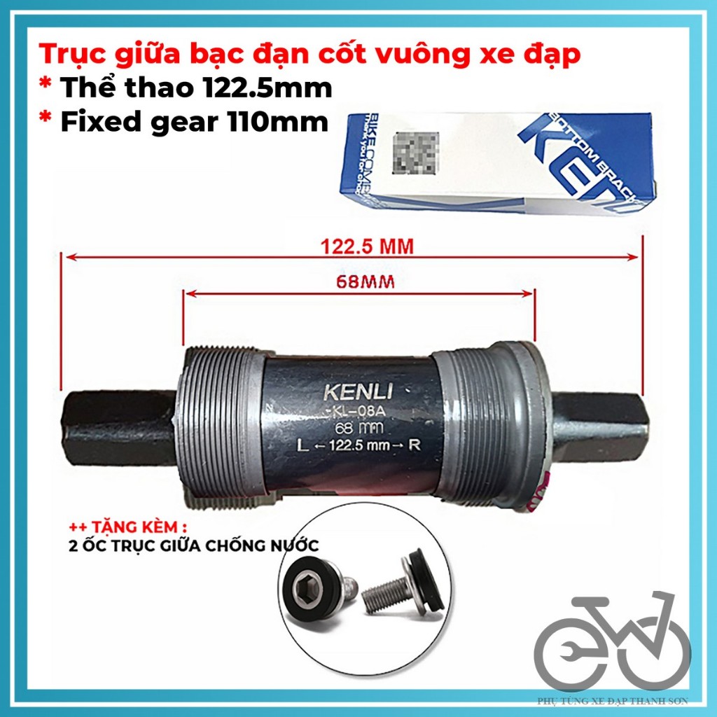 Trục giữa bạc đạn cốt vuông xe đạp thể thao 122.5mm, xe fixed gear 110mm