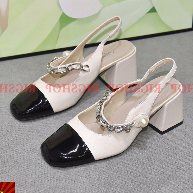 Giày Cao Gót MEYBANNI Mũi Tròn Quai Ngang Phối Xích Và Ngọc Cực Xinh - D12