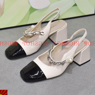 Giày Cao Gót MEYBANNI Mũi Tròn Quai Ngang Phối Xích Và Ngọc Cực Xinh - D12