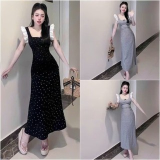 Đầm váy nữ hai dây bèo , cổ vuông mix dáng váy suông dài chấm bi phối nơ siêu tôn dáng dành cho các nàng diện đi chơi.