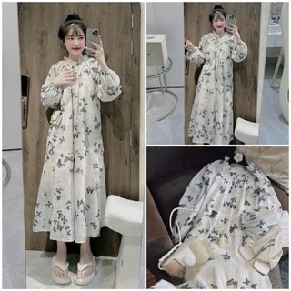 Đầm váy nữ tay dài bồng, cổ bèo mix dáng váy xòe dài họa tiết dễ thương dành cho các nàng mặc nhà, bầu bí bon chen xinh.