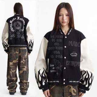 Áo khoác bomber, varsity jacket nam nữ thân dạ tay da thêu xù Made Extreme MR03 Deer6 màu đen