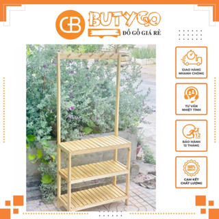 Kệ giày  CAO CẤP  Giá giày kèm móc treo quần áo gỗ thông chữ L 3 tầng để giày phong cách Châu Âu