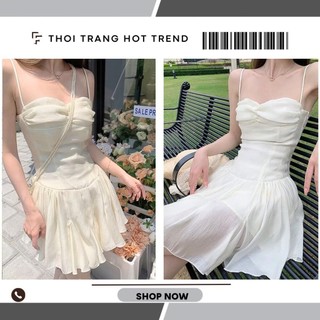 Đầm Dự Tiệc Đi Biển 2 Dây Màu Trắng Babydoll Ngắn Thiết Kế Chiết Eo Cúp Nâng Ngực Che Khuyết Điểm Tốt 