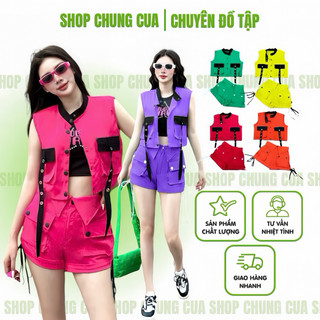 BỘ TẬP NỮ QUẦN ĐÙI + ÁO BA LỖ CHẤT KAKI (không kèm bra), bộ tập thể dục, tập zumba, aerobic,đồng phục dân vũ, nhiều màu.
