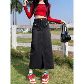 Chân váy jeans nữ dáng dài xoè cạp cao tôn dáng, chân váy bò nữ  đen hottrend c90