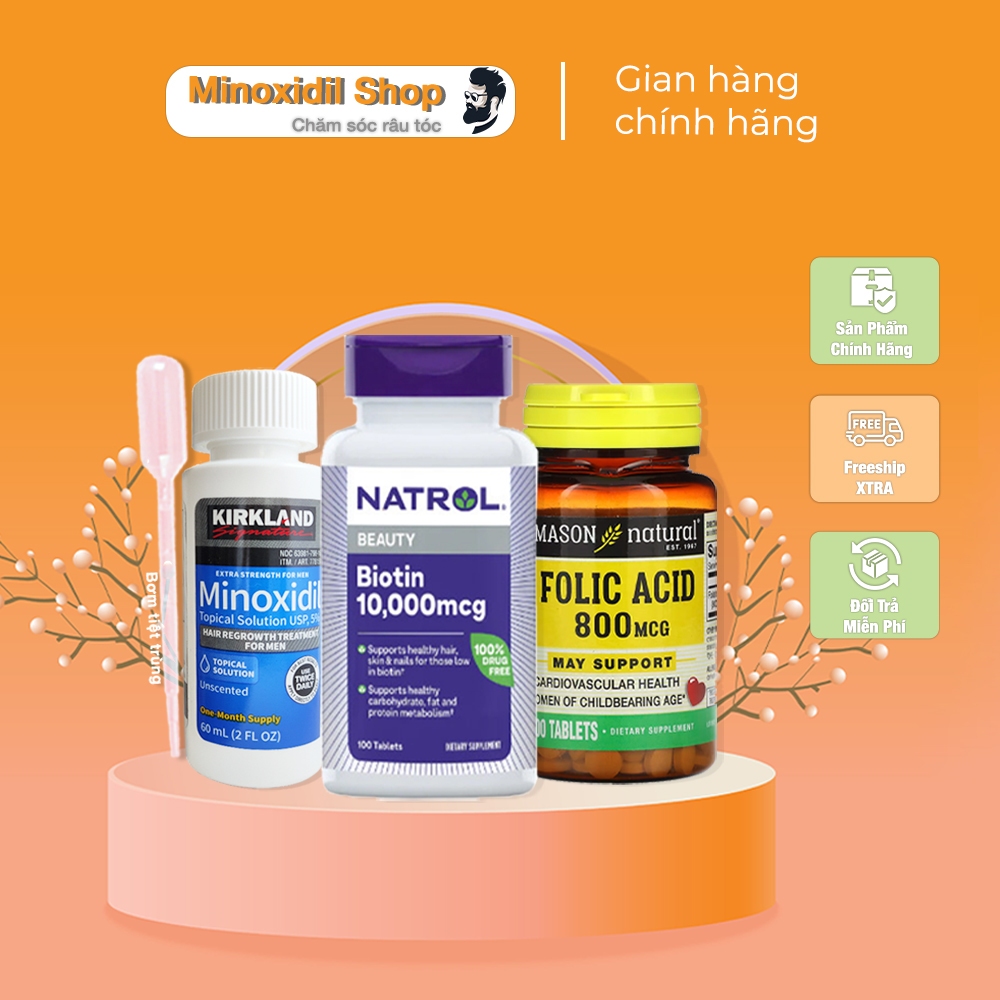 Combo Mọc Râu Tóc Minoxidil Lỏng + Biotin + Folic (Tặng LCLT)