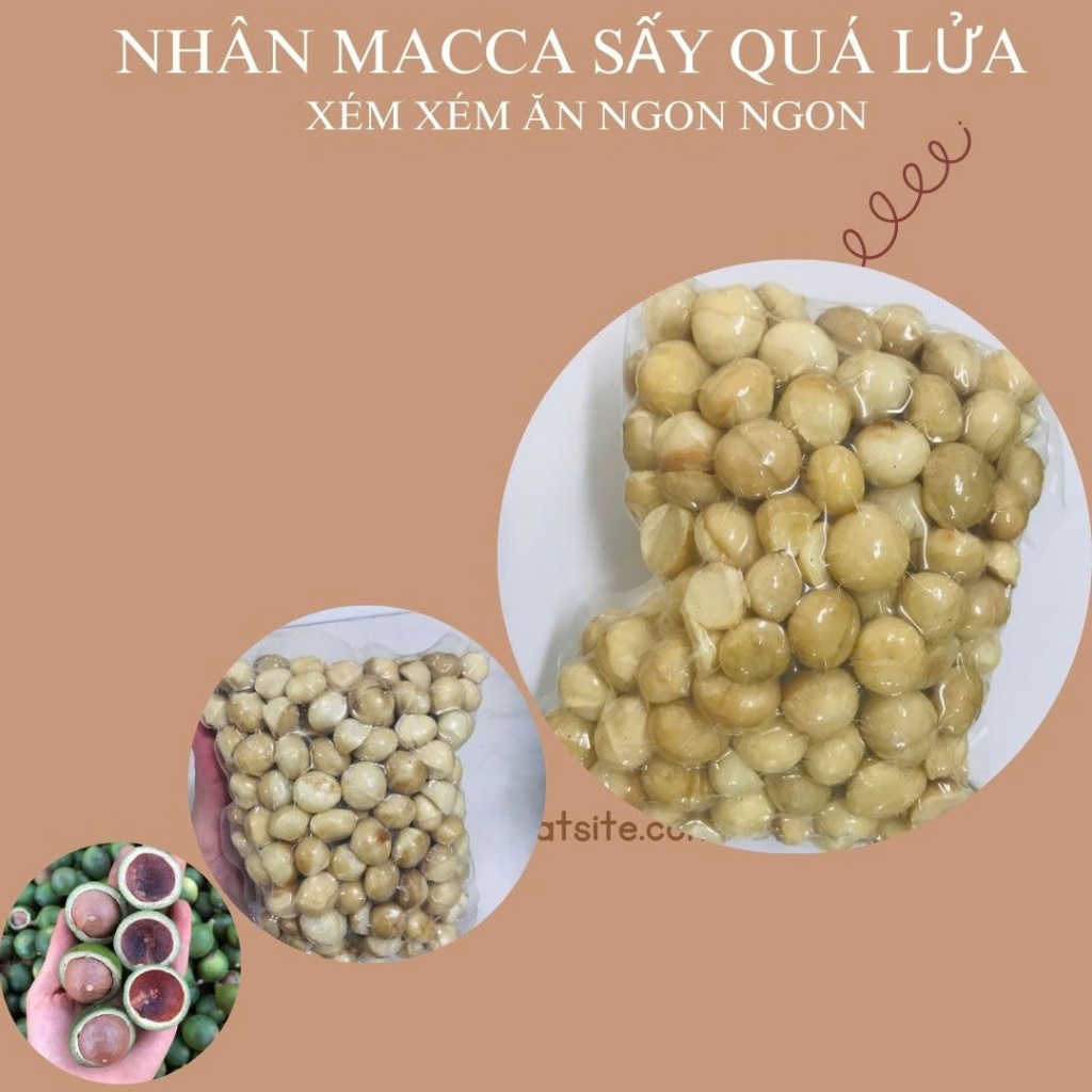 Nhân macca vỡ sấy chín, nhân hạt macca sấy quá nhiệt xém xém ăn ngon giòn vị lạ