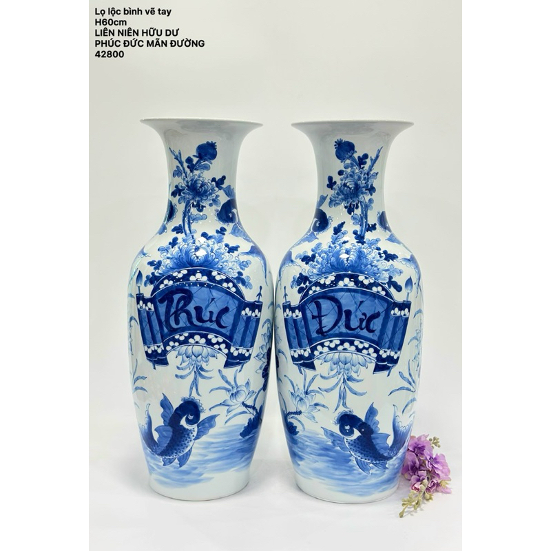 Set 2 lọ Lộc bình cao 60cm men lam, họa tiết vẽ thủ công. Gốm sứ Bát Tràng cao cấp
