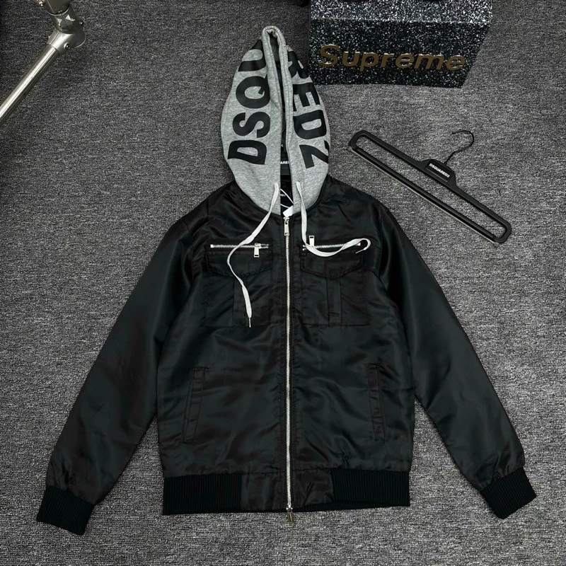 Áo khoác mũ nam nữ Dsq vải gió túi zip ngực phối mũ nỉ xám 2 lớp in chữ Dsquared2 , Áo gió có mũ, Áo gió DSQ, Áo gióIcon