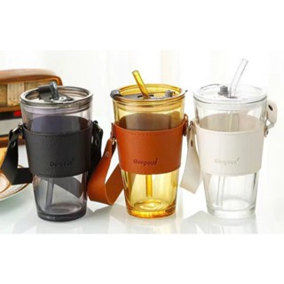 Ly Thuỷ Tinh Bọc Da Cách Nhiệt 375 - 450ml Có Nắp Đậy Kín Hơi Tặng Kèm Ống Hút Thuỷ Tinh Cao Cấp