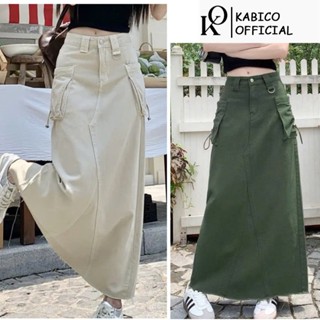 Chân váy jean nữ KABICO dáng dài cạp cao dáng dài, chân váy jean nữ dài qua gối phong cách túi hộp xẻ trước_A40