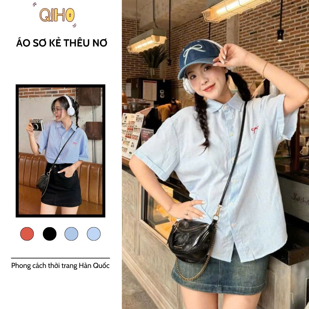 Áo sơ mi nữ kẻ sọc tay ngắn thêu nơ xinh xắn phong cách hàn quốc Qiho.store Freesize <60kg [A18] | BigBuy360 - bigbuy360.vn
