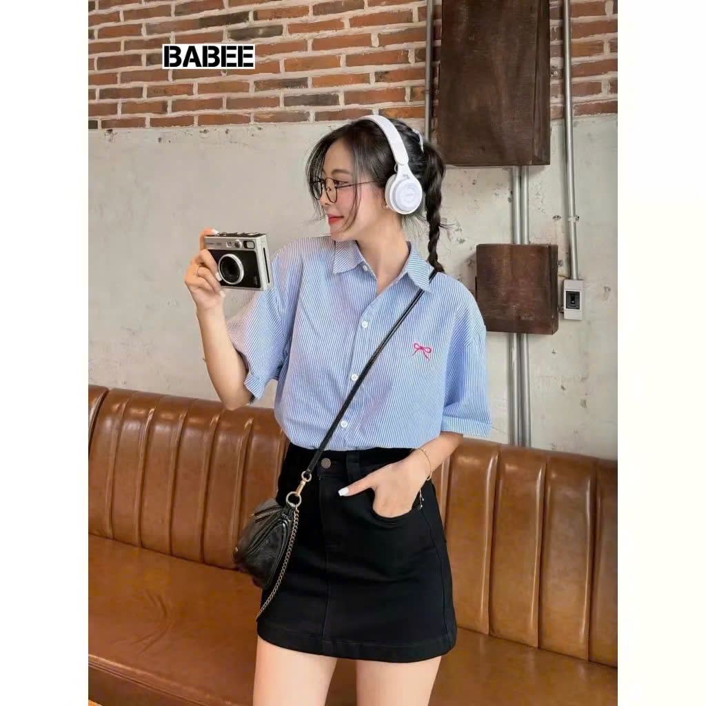 Áo sơ mi nữ kẻ sọc tay ngắn thêu nơ xinh xắn phong cách hàn quốc Qiho.store Freesize <60kg [A18] | BigBuy360 - bigbuy360.vn