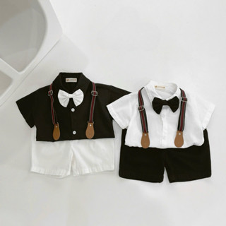 Set sơ mi công tử Bernie 2 màu trắng đen Kèm dây yếm cho bé trai 9-24kg