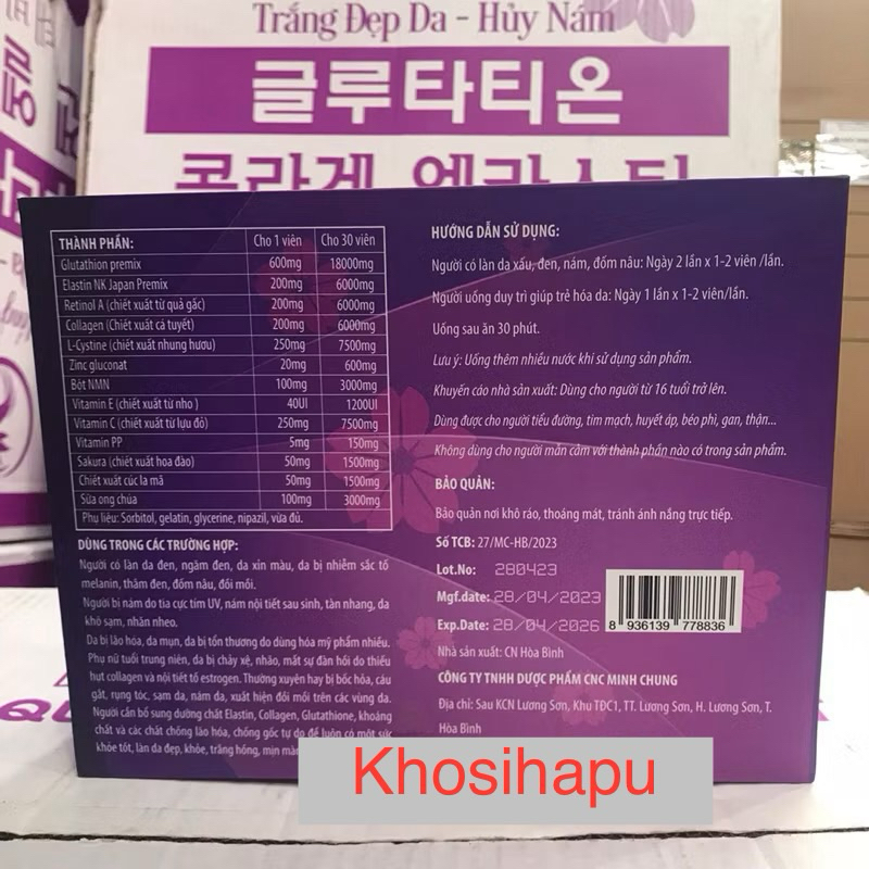 Viên Uống Trắng da COLLAGEN - GLUTATHIONE 16000 bổ sung collagen, vitamin E giúp Trắng Da, Mờ Nám, Giảm Nhăn 60 viên