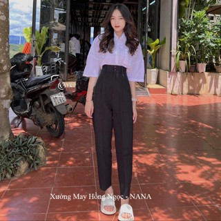 Quần tây đi học nữ lưng cao 2 nút cài cạp có đỉa thắt lưng màu Xanh Đen - Quần baggy học sinh cấp 2 3 vải dày đáy cao