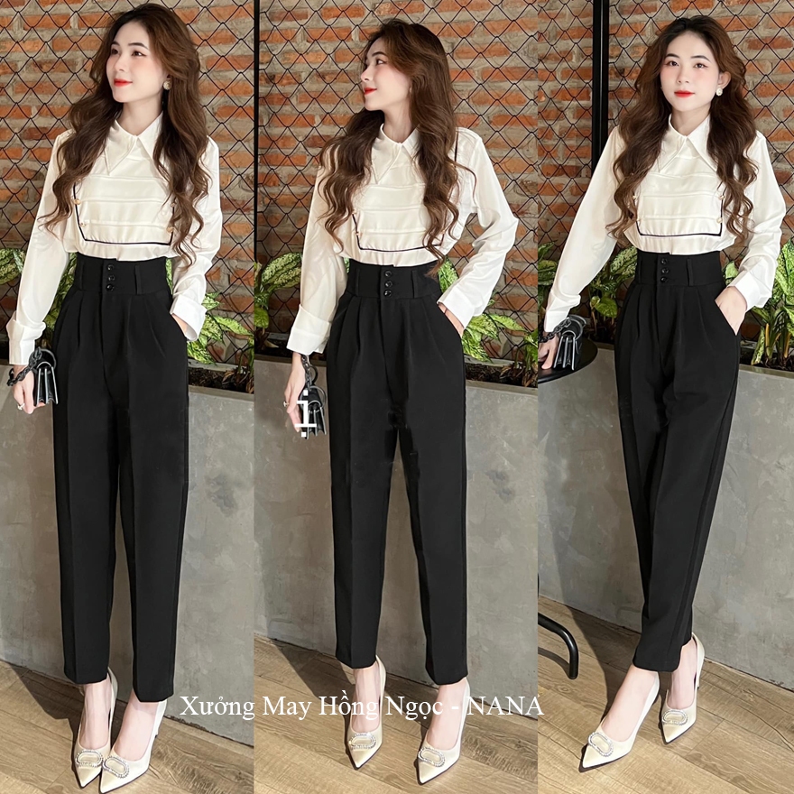 Quần tây nữ lưng cao đi học làm công sở 3 nút cài màu Đen Kem dáng quần baggy nữ cạp cao công sở vải dày mềm co giãn nhẹ