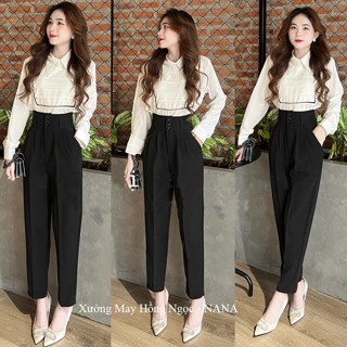 Quần tây nữ lưng cao đi học làm công sở 3 nút cài màu Đen Kem dáng quần baggy nữ cạp cao công sở vải dày mềm co giãn nhẹ