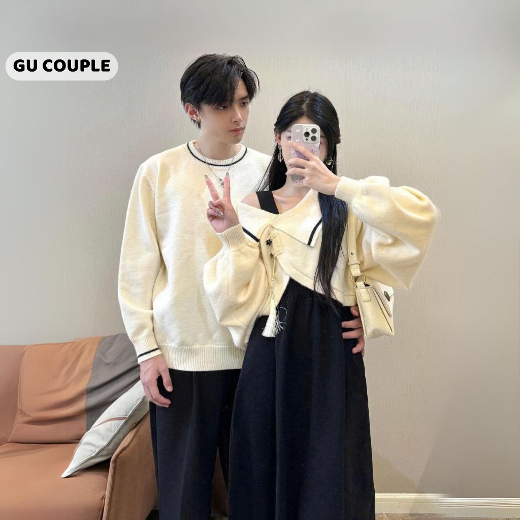 Set đồ đôi nam nữ áo len nam nữ dài tay màu trắng kem kèm váy nữ màu đen thời trang HAPPYLOVE G210