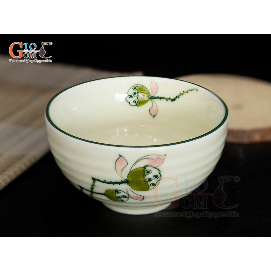 Bát cơm men kem vẽ đài sen