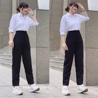 Quần tây baggy đi học nữ cạp lưng cao có đai nịt màu Đen Xanh dáng quần vải học sinh nữ dày ống baggy đáy cao đi học đẹp