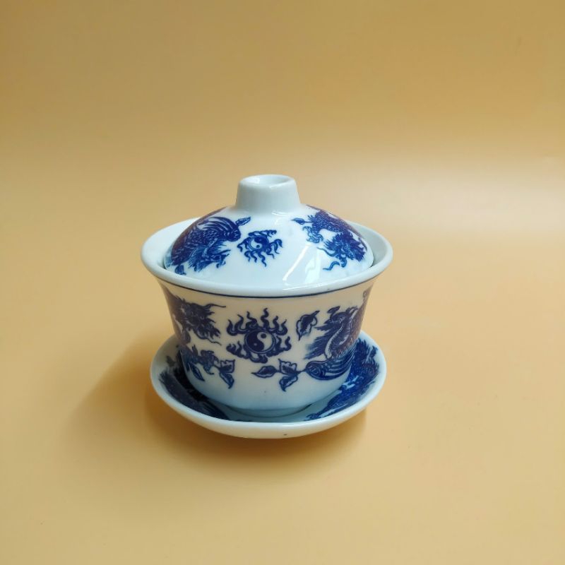 Bát trà sâm, Bát pha trà thờ song long ( rồng phượng ) men lam