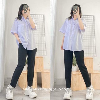 Áo sơ mi nữ trắng xanh đi học tay ngắn form rộng có túi ngực cổ bẻ V kiểu áo sơ mi trắng nữ cộc tay học sinh đi học đẹp