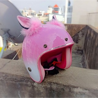 Combo nón bảo hiểm trắng lon hồng lên tai mèo cute