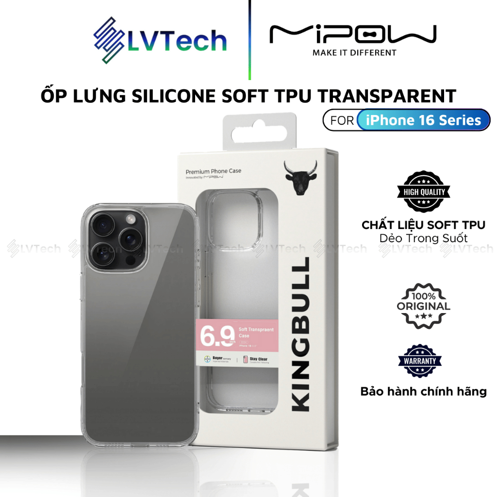 Ốp Lưng Trong Suốt MIPOW Cho iPhone 16 Pro Max / iPhone 16 Pro / iPhone 16 Plus / iPhone 16, SOFT TR
