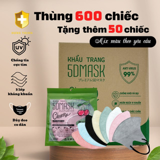 Khẩu trang 5D, Thùng 600 chiếc khẩu trang 5d, Dày Dặn, Kháng Khuẩn Cao Cấp 3 Lớp Chống Bụi Mịn, Chống Tia UV