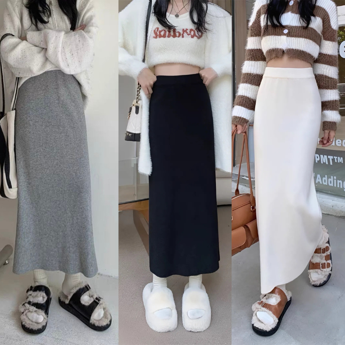 Chân Váy Len Lông Thỏ, Chân Váy Len Nữ Cạp Chun Dáng Suông Dài CHULXI CV5622