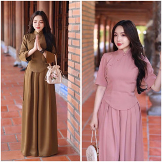 Sét bộ lam đi chùa nữ pháp phục chùa áo lam cổ tàu dính nút bọc quần ống rộng mặc Tết đi lễ đền