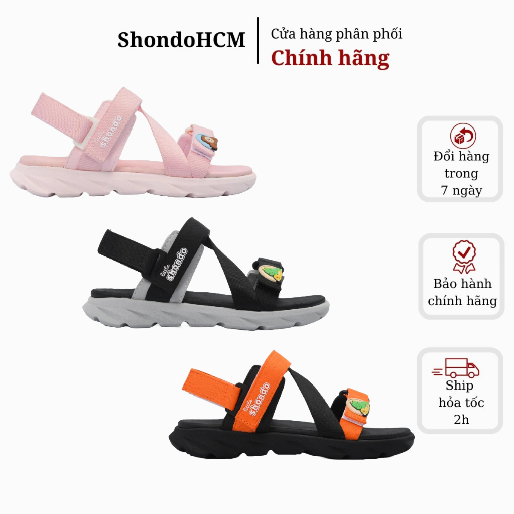 Giày sandal Shondo bé trai Little 6 tem khủng long màu đen xám, đen cam, hồng