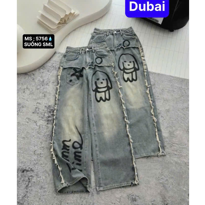 QUẦN JEAN NỮ BAGGY ỐNG SUÔNG RÁCH XANH IN CHÓ CON LƯNG CAO NÂNG MÔNG PHONG CÁCH SANG CHẢNH - DUBATI FASHION