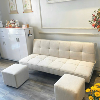 Bộ Sofa giường thông minh màu trắng kem chất vải bố mịn sang trọng dài 1m7 đi kèm 2 đôn và bàn